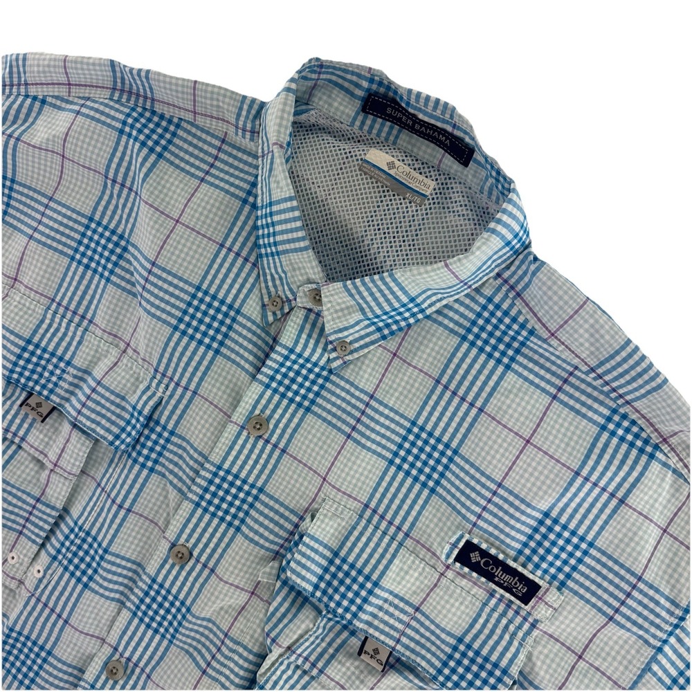 Columbia PFG Outdoors Vented Fishing Shirt Mens XL Blue Plaid Short Sleeve